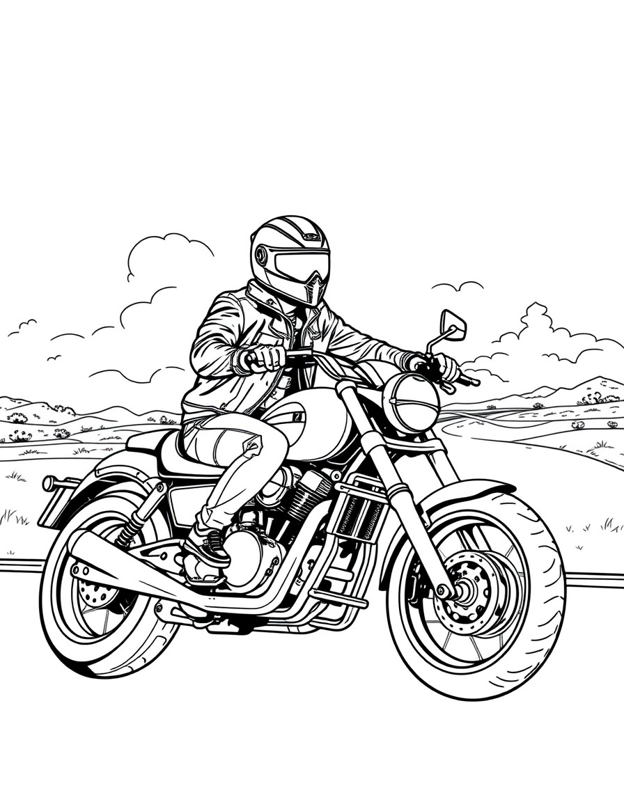 A cool motorcycle rider wearing a helmet and leather jacket, cruising down an open road.