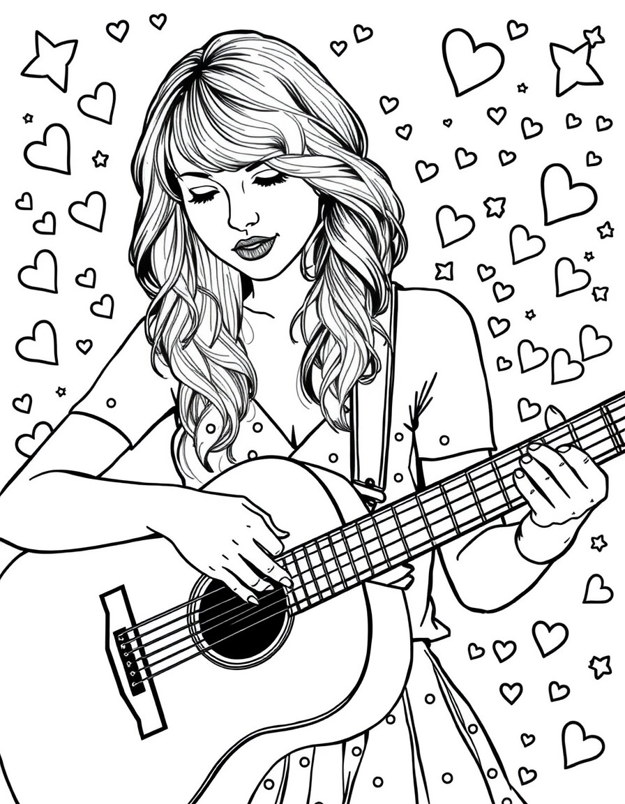 A close-up of Taylor Swift playing an acoustic guitar with a whimsical background of stars and hearts.