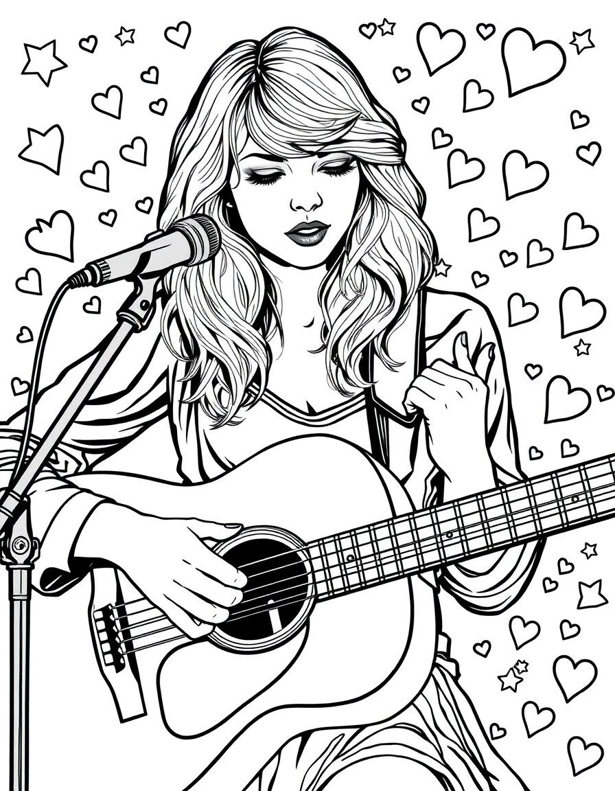 A close-up of Taylor Swift playing an acoustic guitar with a whimsical background of stars and hearts.