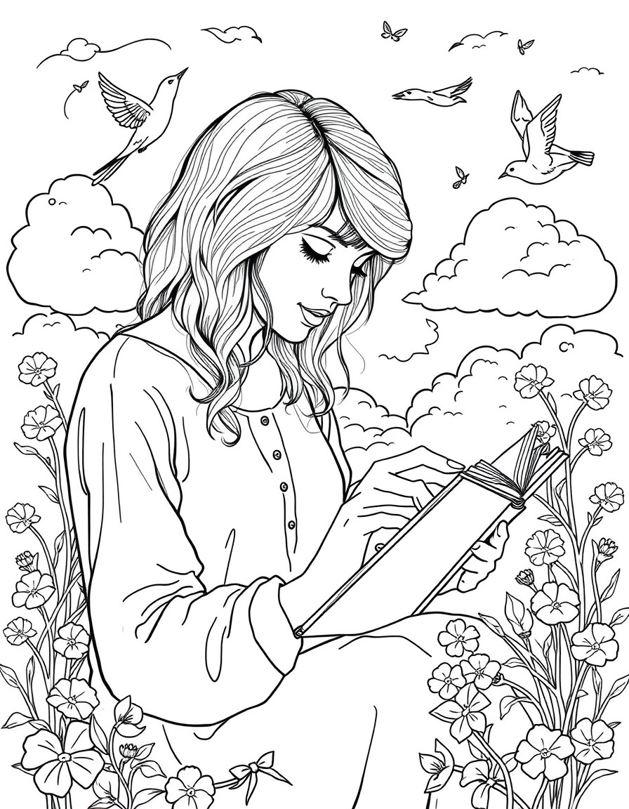 A scene of Taylor Swift writing in her songwriting notebook with a dreamy backdrop of clouds and songbirds.