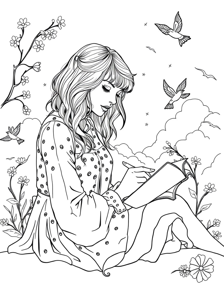 A scene of Taylor Swift writing in her songwriting notebook with a dreamy backdrop of clouds and songbirds.