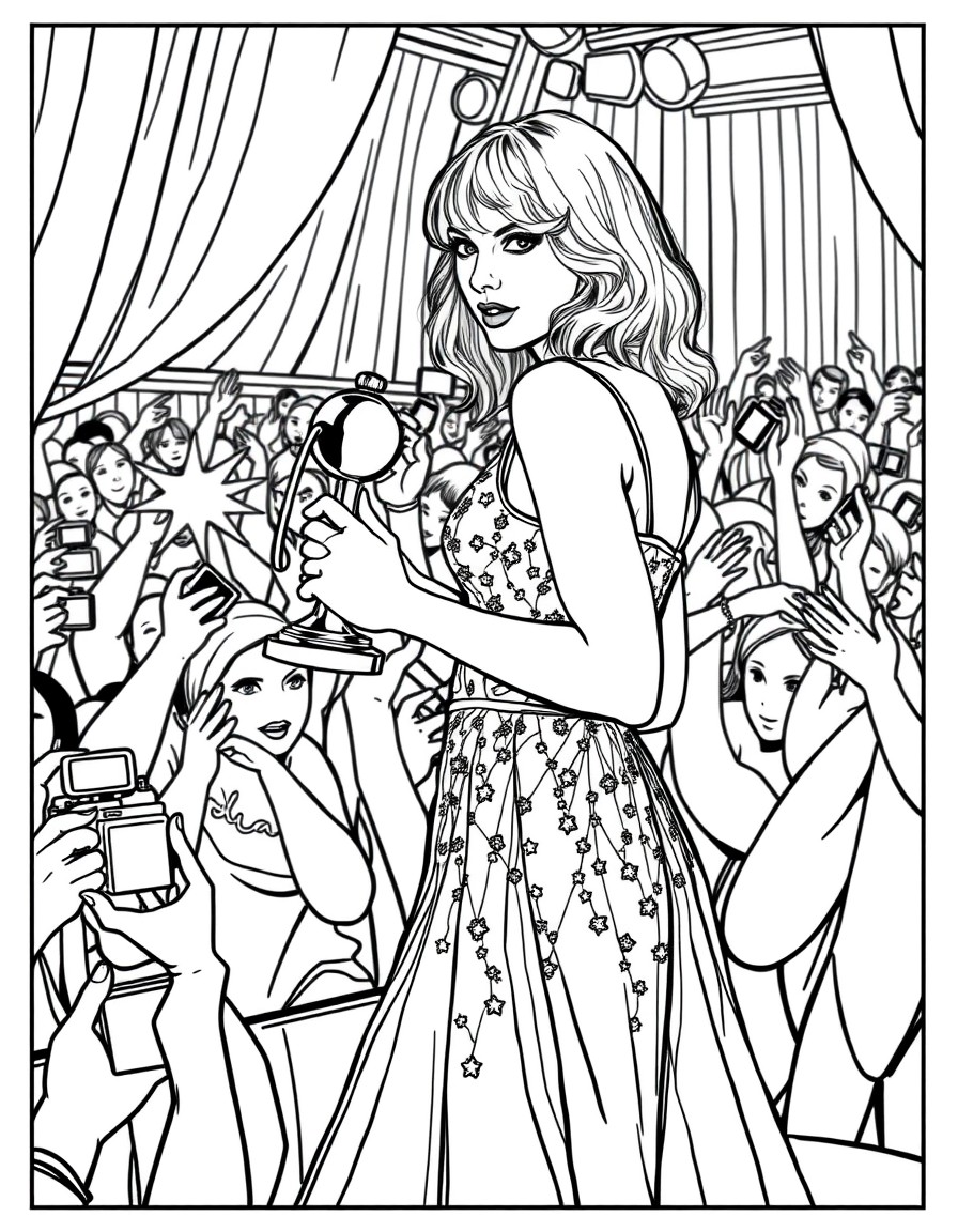 Taylor Swift at an award show holding a trophy, with cheering fans and flash cameras in the background.