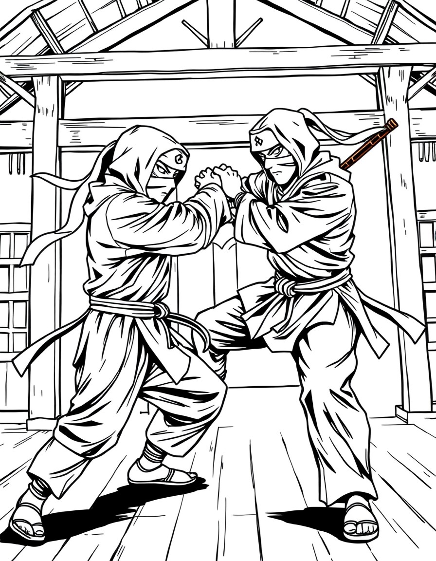 Two ninja warriors sparring in a dojo with martial arts poses