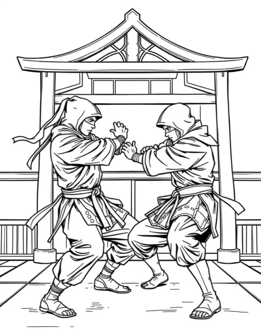 Two ninja warriors sparring in a dojo with martial arts poses