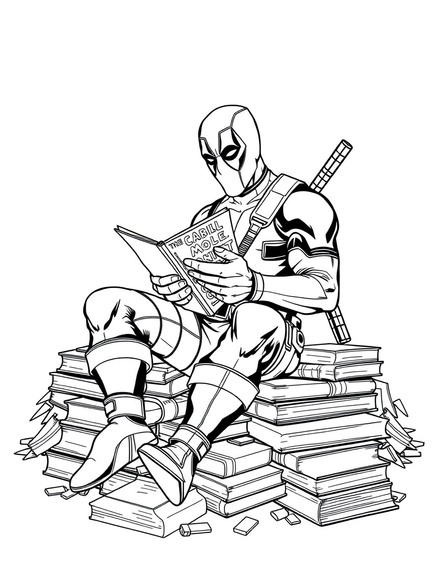 Deadpool sitting on a pile of comic books while reading another one