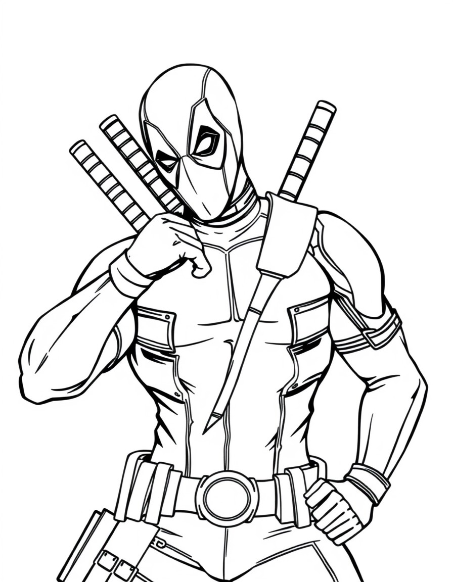 Deadpool striking a funny pose with his swords crossed behind his back