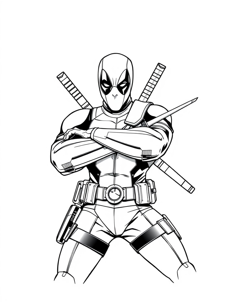 Deadpool striking a funny pose with his swords crossed behind his back