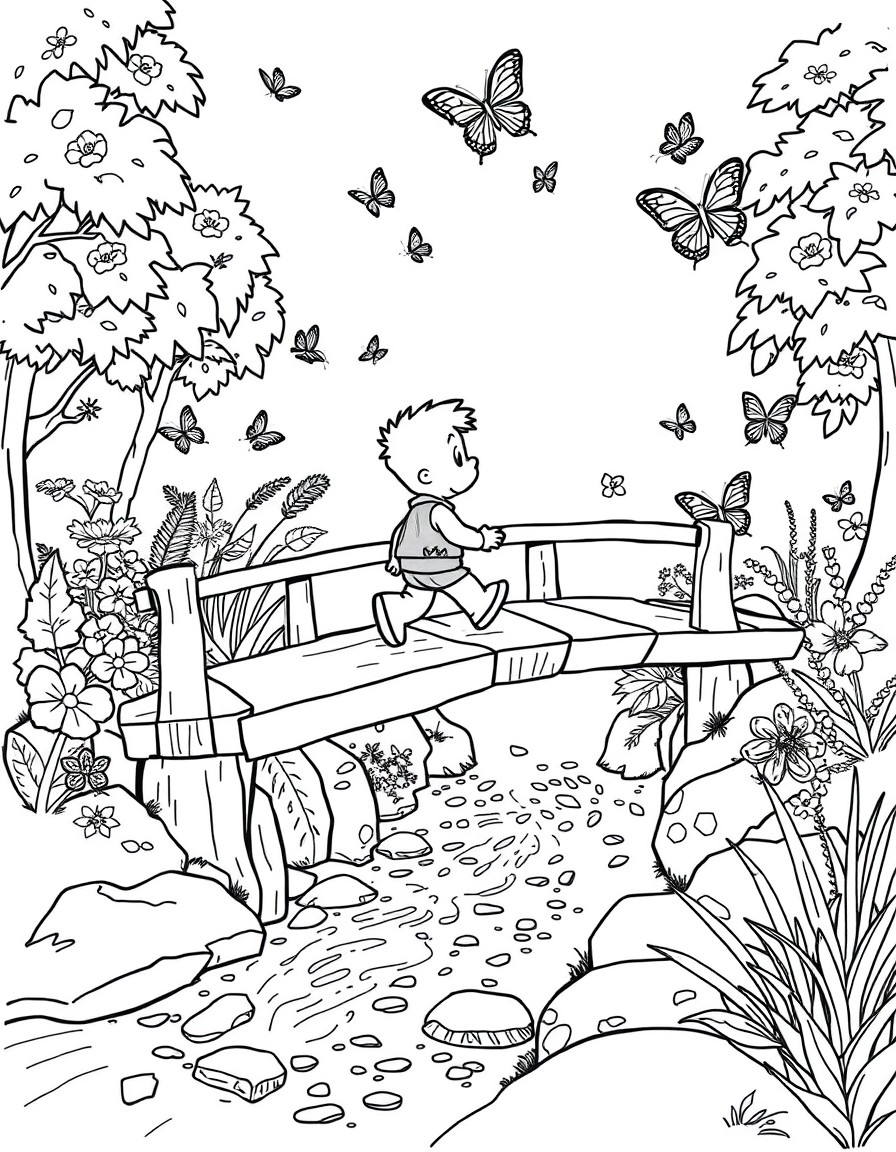 Freddy crossing a wooden bridge over a sparkling stream with butterflies fluttering around