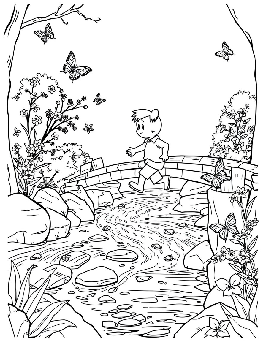 Freddy crossing a wooden bridge over a sparkling stream with butterflies fluttering around