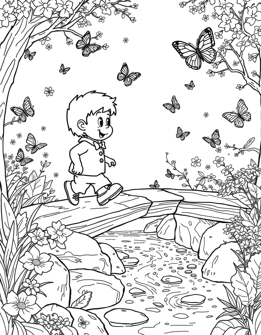Freddy crossing a wooden bridge over a sparkling stream with butterflies fluttering around