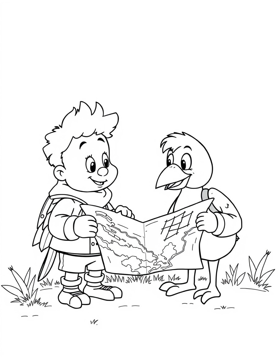 Freddy and his bird friend looking at a map, planning their next adventure
