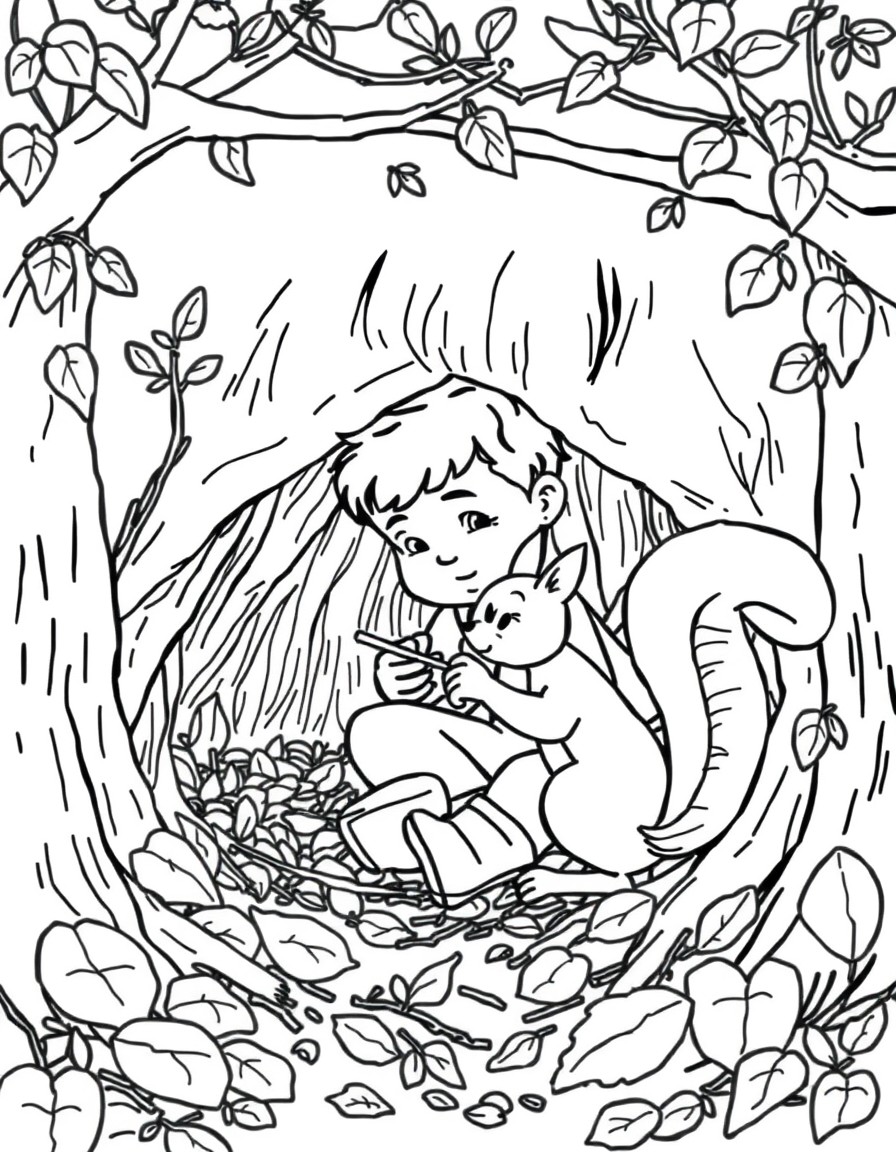 Freddy building a cozy den with twigs and leaves while a squirrel helps him