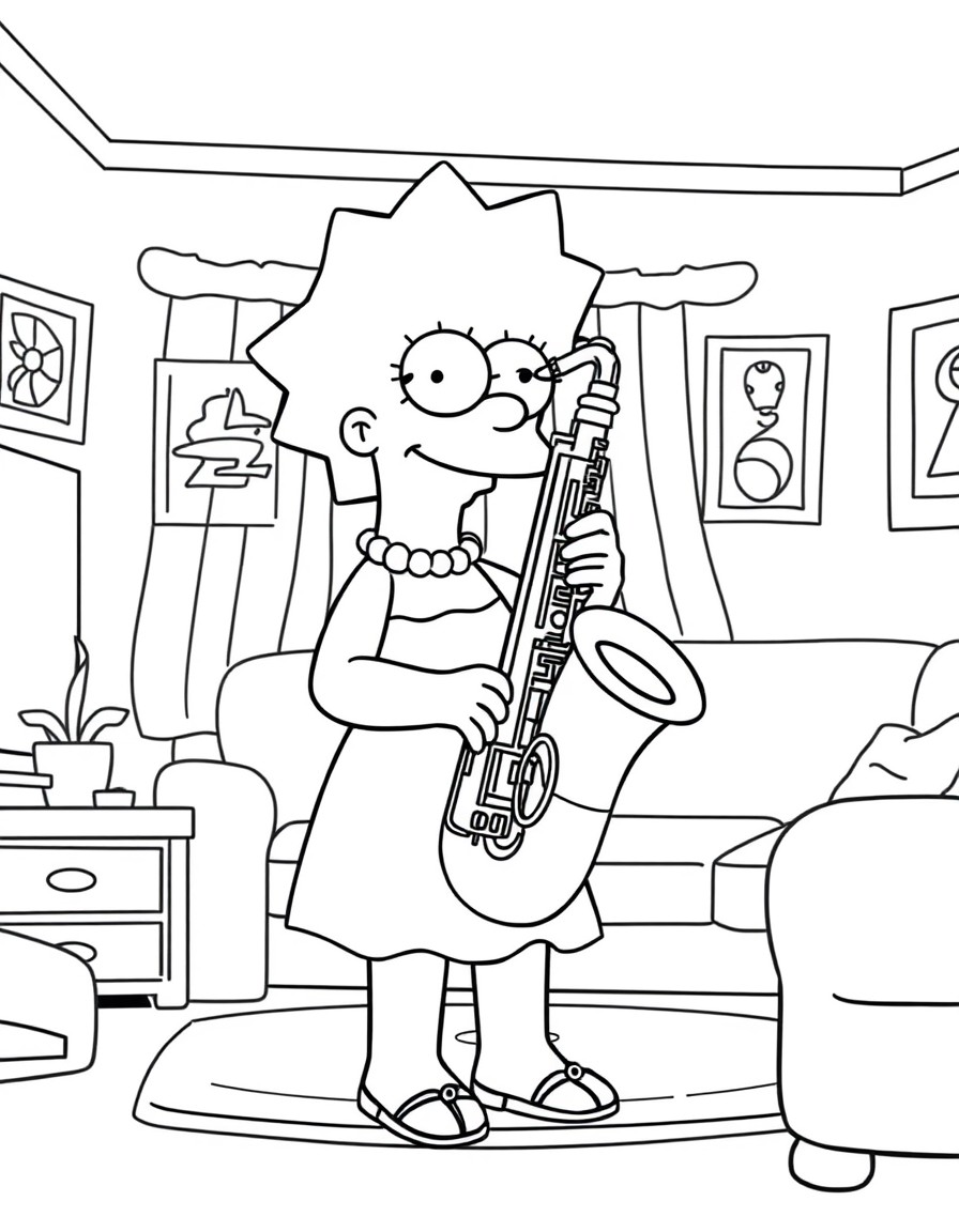 Lisa Simpson playing her saxophone in the living room