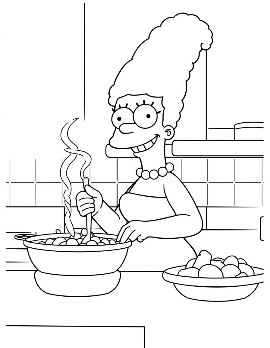 Marge Simpson cooking in the kitchen with a big smile