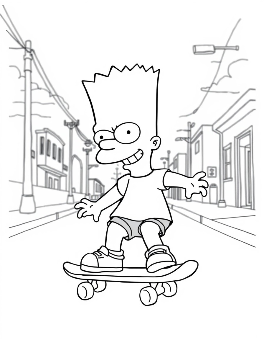 Bart Simpson skateboarding down the street with a mischievous grin