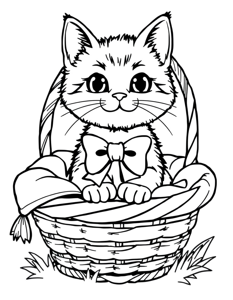 A cute cat wearing a bow sitting inside a cozy basket with a blanket