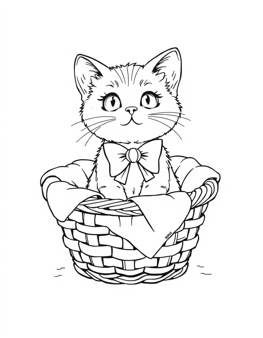A cute cat wearing a bow sitting inside a cozy basket with a blanket