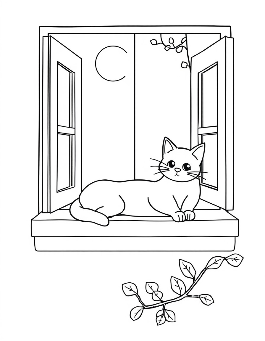 A cartoon-style cat lounging on a windowsill with a bird perched nearby