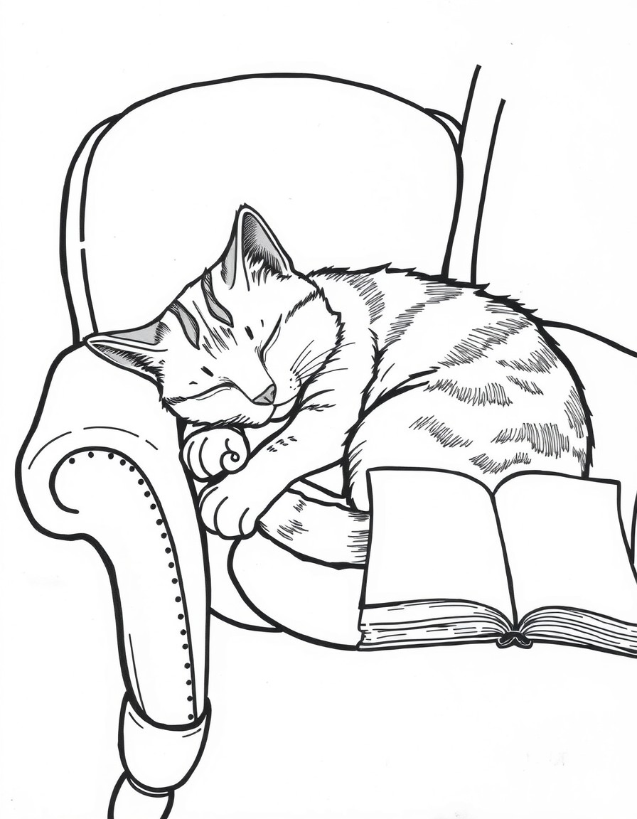 A sleepy cat curled up in a comfy chair with a book beside it