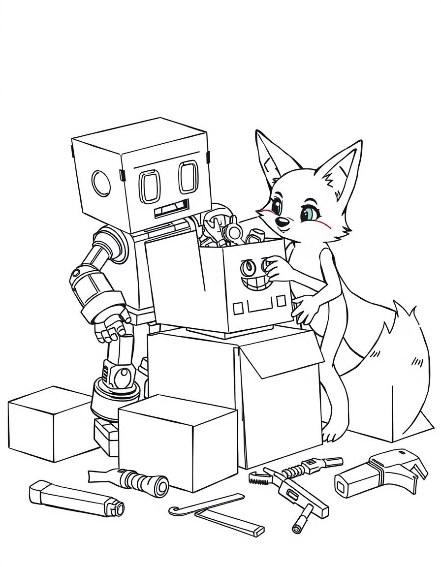 Boxy and Foxy building a robot out of cardboard boxes with tools scattered around.