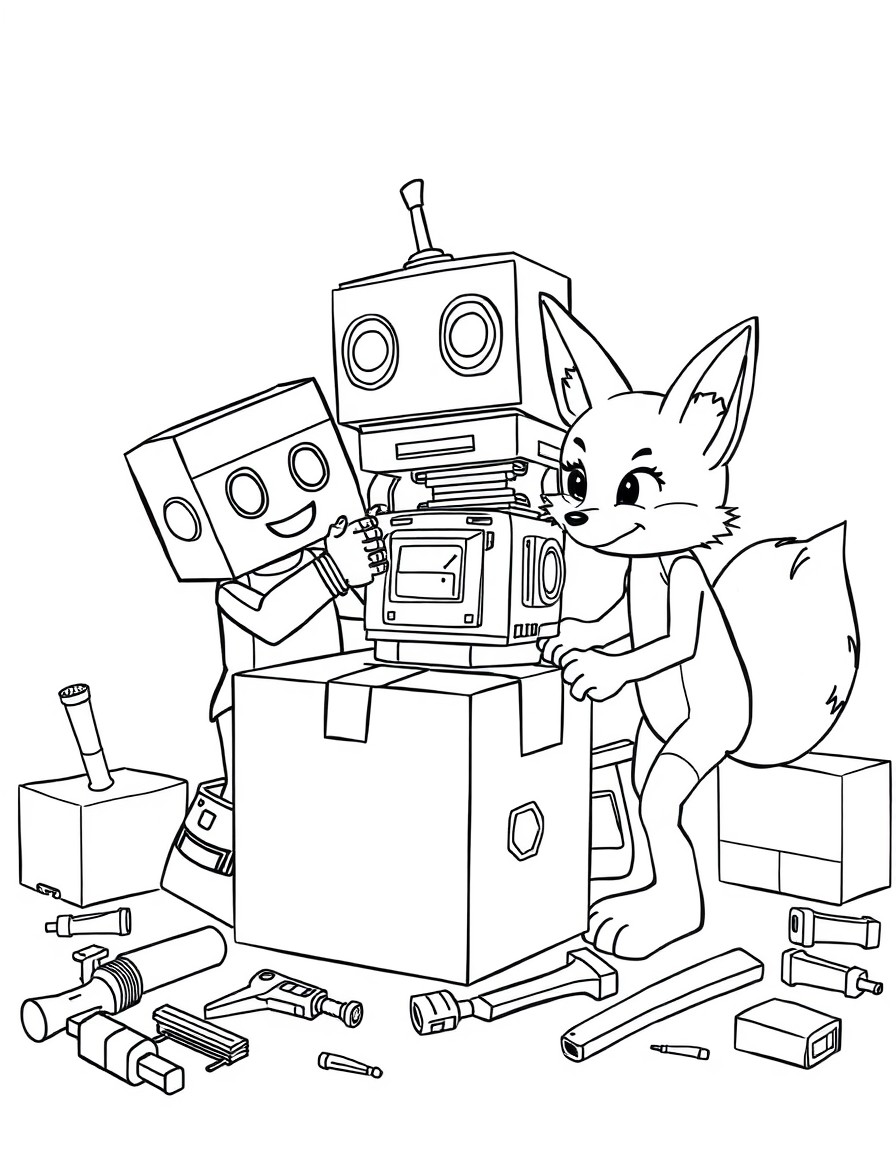 Boxy and Foxy building a robot out of cardboard boxes with tools scattered around.