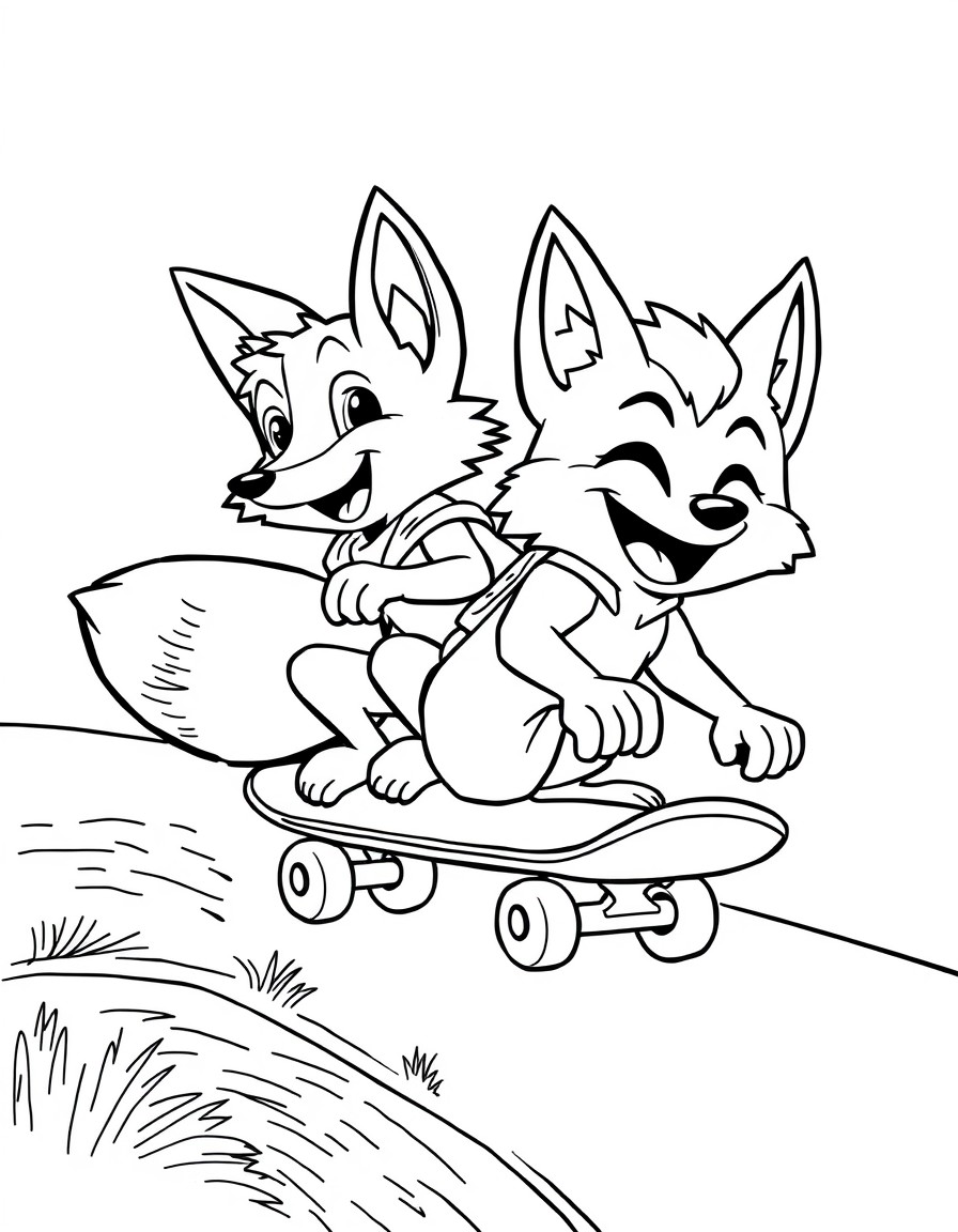 Foxy and Boxy riding on a skateboard down a hill with big smiles on their faces.