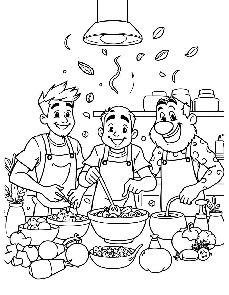 Justin, Adam, and Rocky cooking up a storm in the kitchen with ingredients flying everywhere.