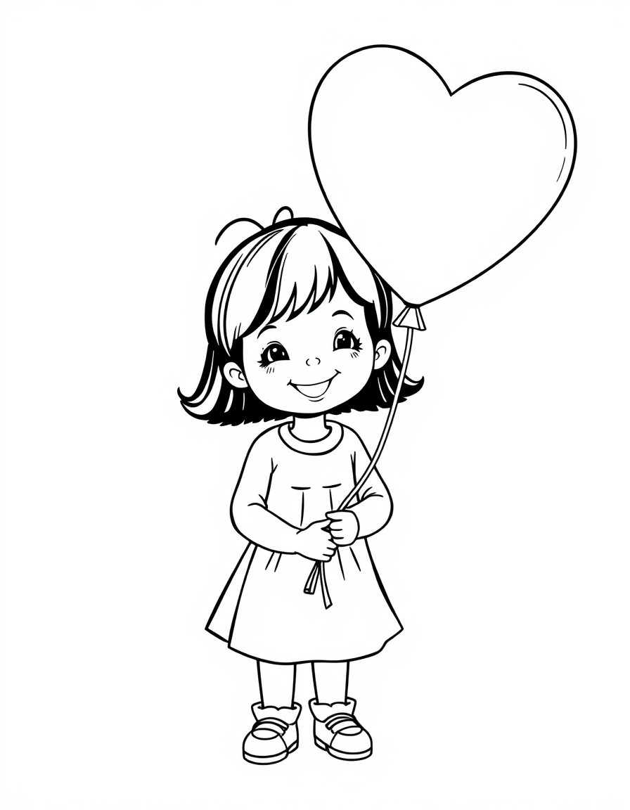 A little girl holding a large balloon shaped like a heart, with a big smile on her face.