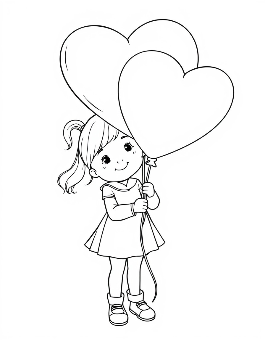 A little girl holding a large balloon shaped like a heart, with a big smile on her face.