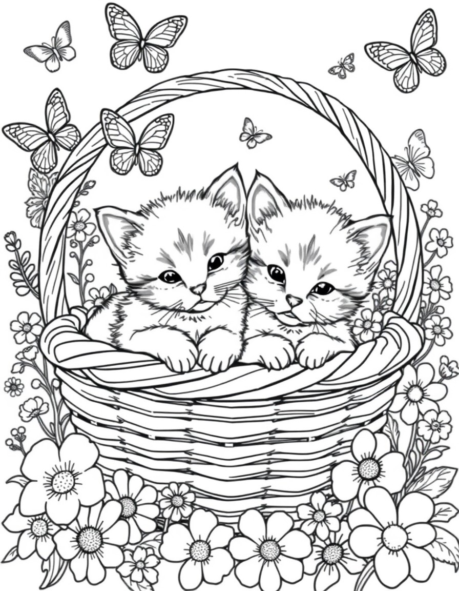 A pair of kittens snuggled up in a cozy basket surrounded by flowers and butterflies.