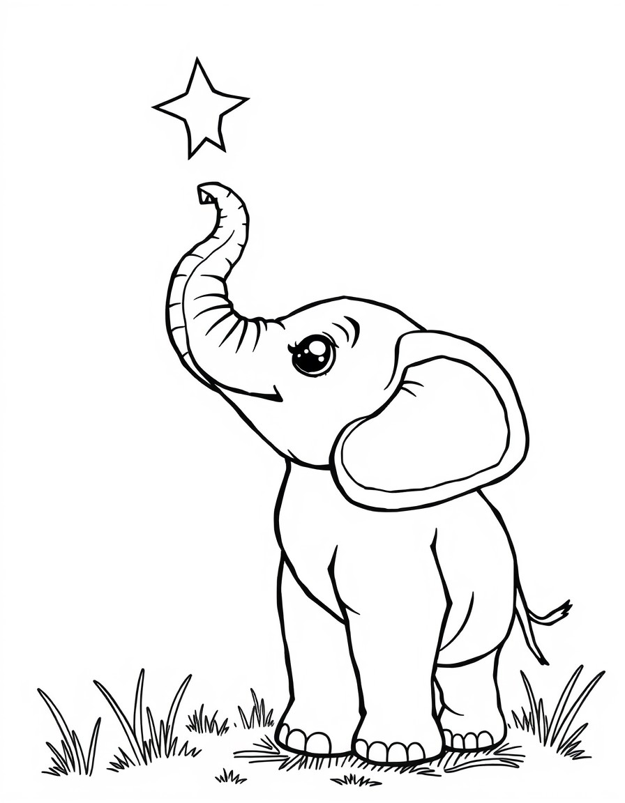 A baby elephant reaching up with its trunk to touch a star in the night sky.