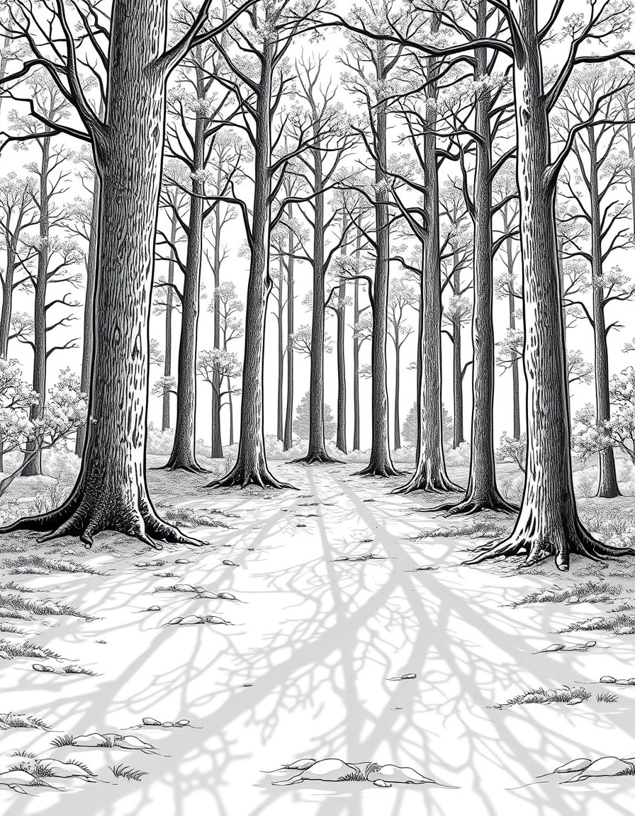 A forest scene with tall trees casting intricate shadow patterns on the ground.