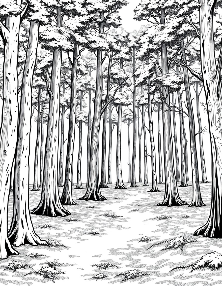 A forest scene with tall trees casting intricate shadow patterns on the ground.