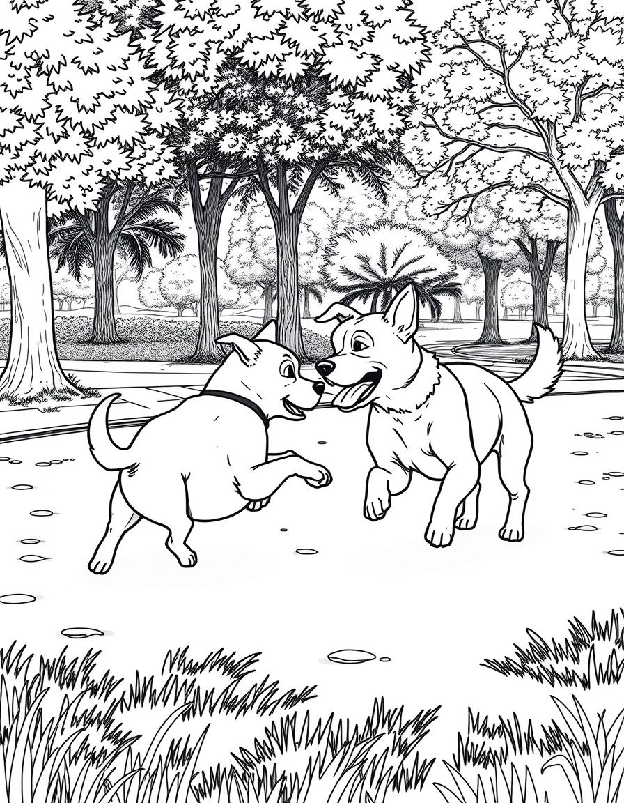 A pair of playful dogs chasing each other's shadows in a sunny park.