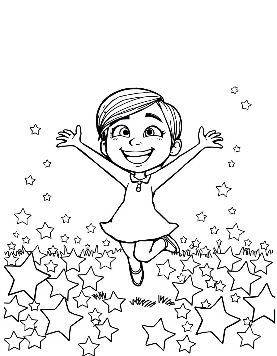 character "Joy" from the disney movie "Inside Out" happily jumping in a field of stars with a big smile on her face.