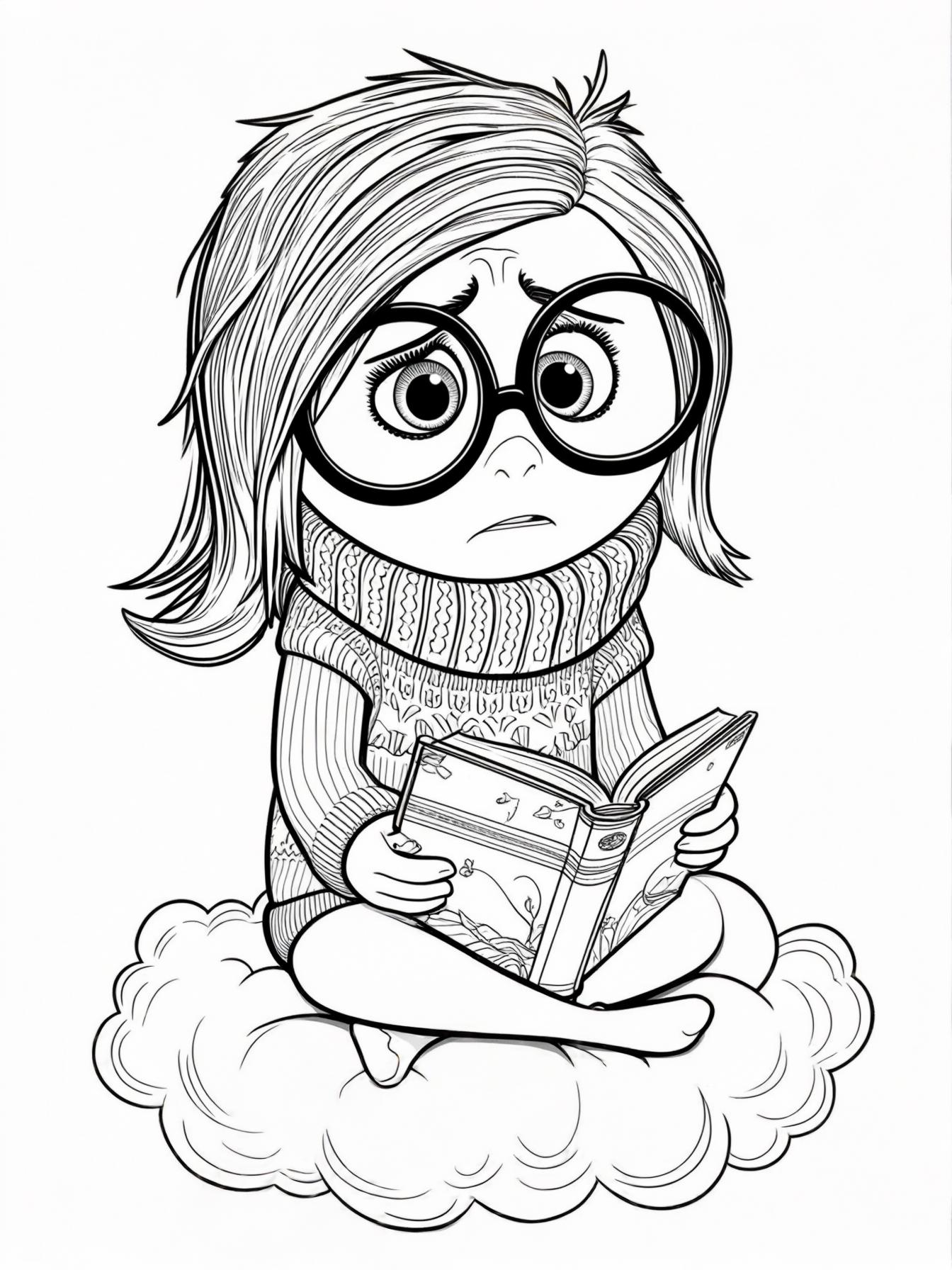 "Sadness" from the disney movie "Inside Out"  sitting on a cloud, holding a book and looking thoughtful.