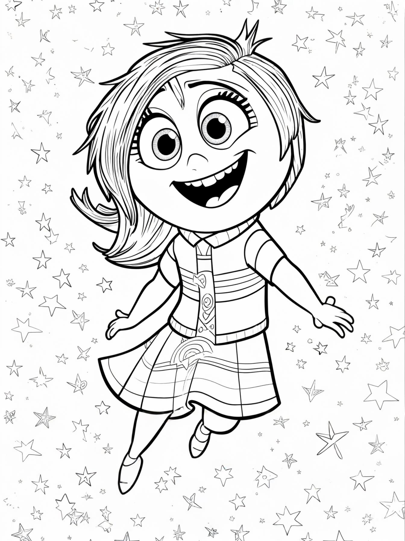 The character called "Joy" in the  Disney movie inside out 2, Joy happily jumping in a field of stars with a big smile on her face.