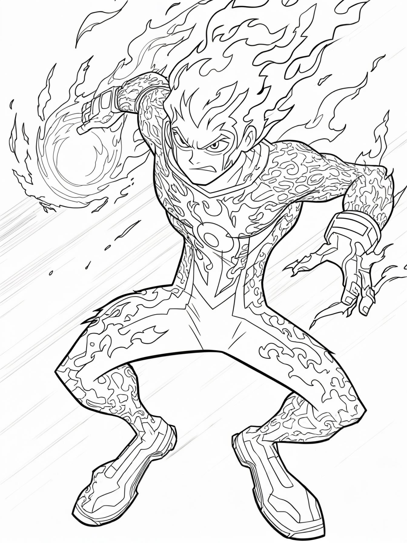 Heatblast from the TV show Ben 10 shooting fireballs with a determined look on his face.