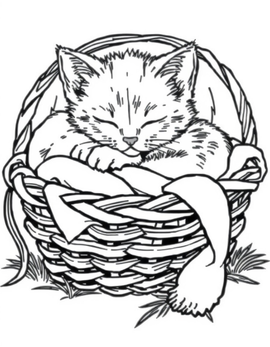 A sleepy kitten curled up in a cozy basket with a blanket.