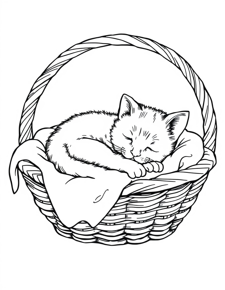 A sleepy kitten curled up in a cozy basket with a blanket.