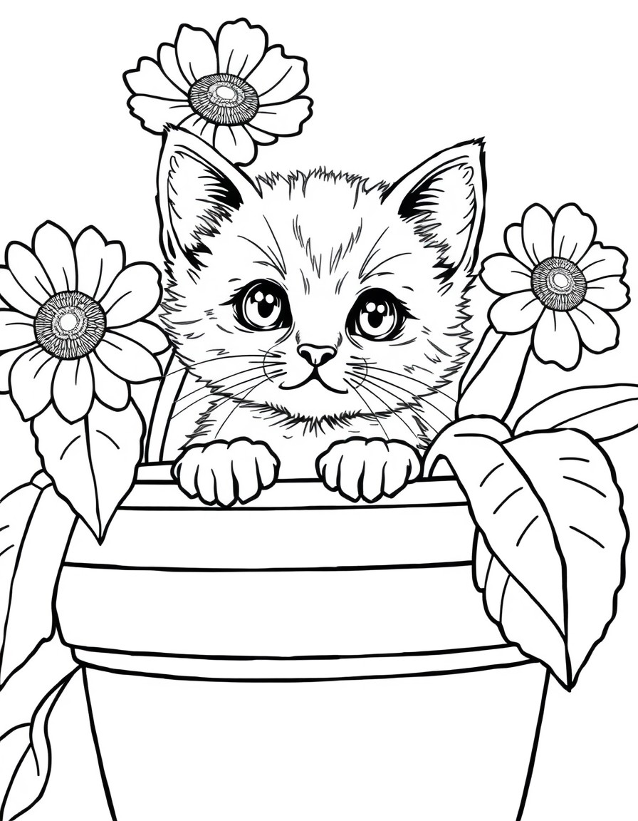 A curious kitten peeking out from behind a large flower pot.