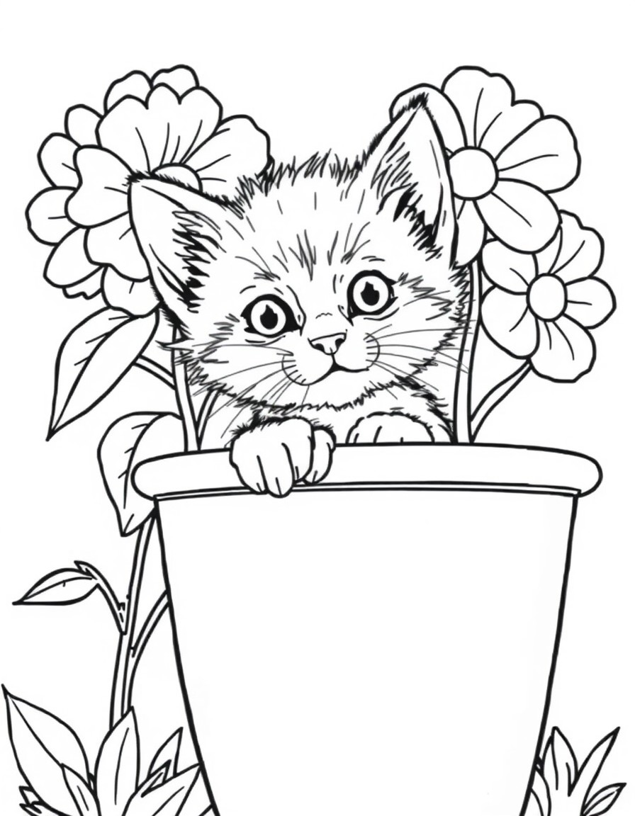 A curious kitten peeking out from behind a large flower pot.