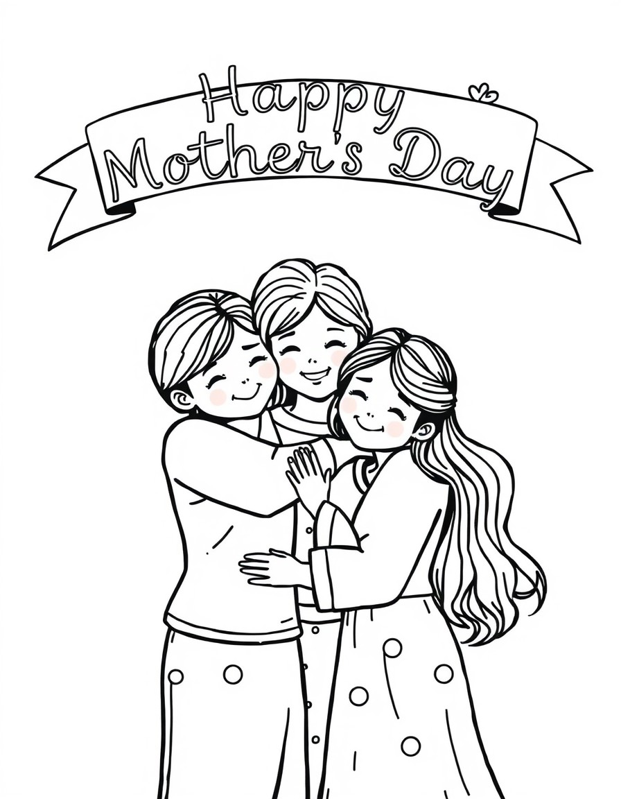 A family hugging with a banner above them that says 'Happy Mother's Day'.