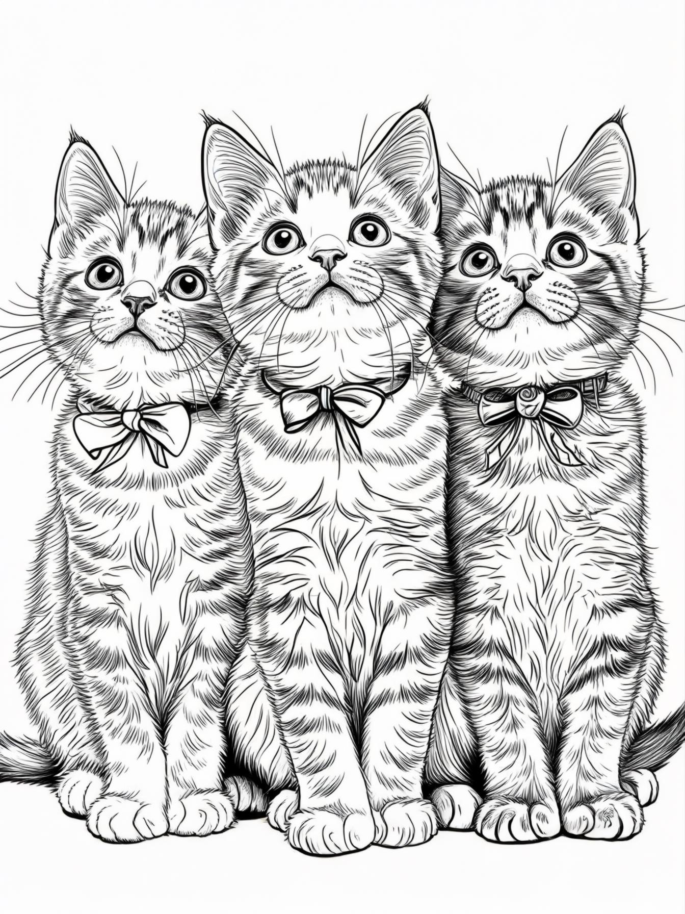 Three kittens wearing tiny bows, sitting in a row, looking up.
