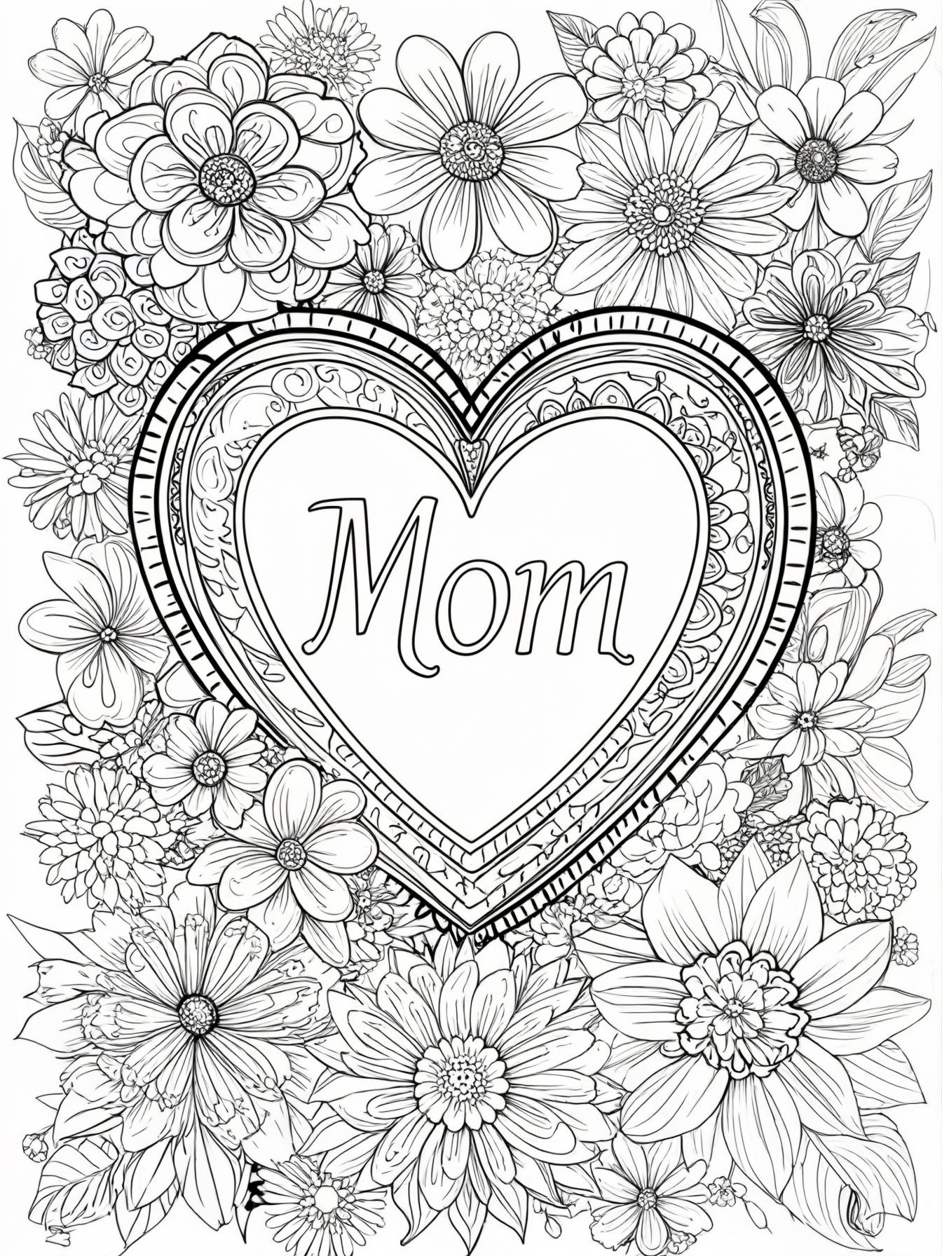 A heart-shaped frame with the word 'Mom' in the center, surrounded by decorative flowers.
