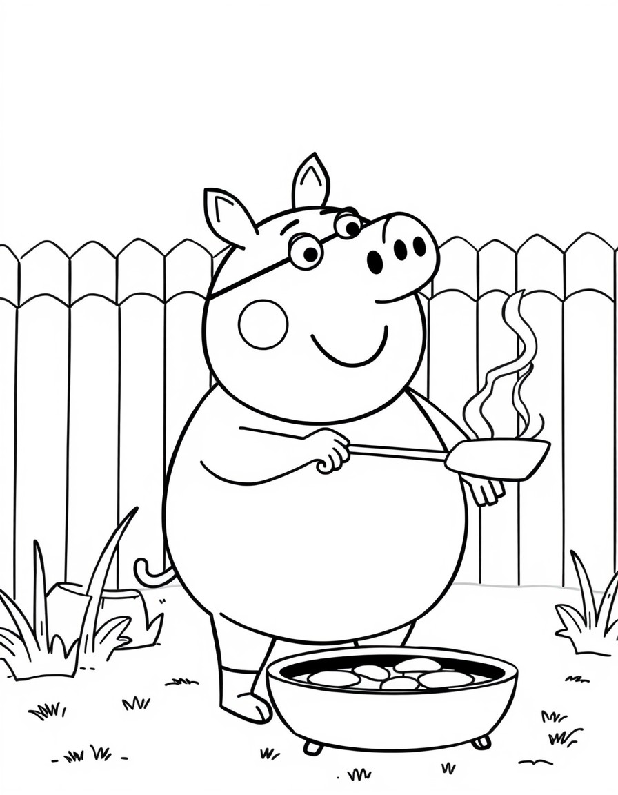Daddy Pig barbecuing in the backyard with a spatula in hand.