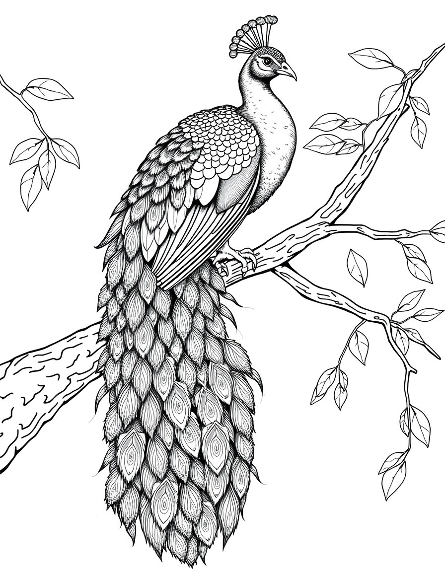 A peacock perched on a tree branch with its long tail cascading down.