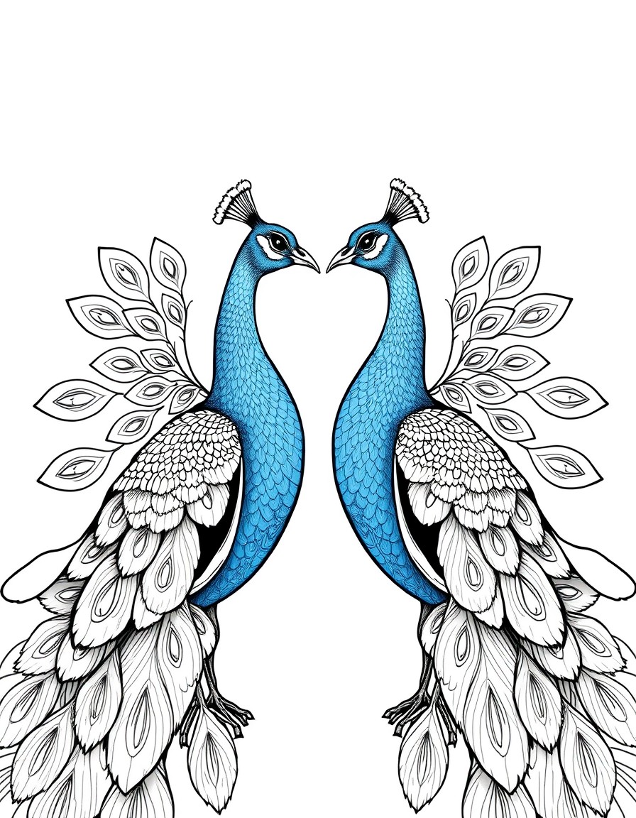 A pair of peacocks facing each other, displaying their feathers in a heart shape.