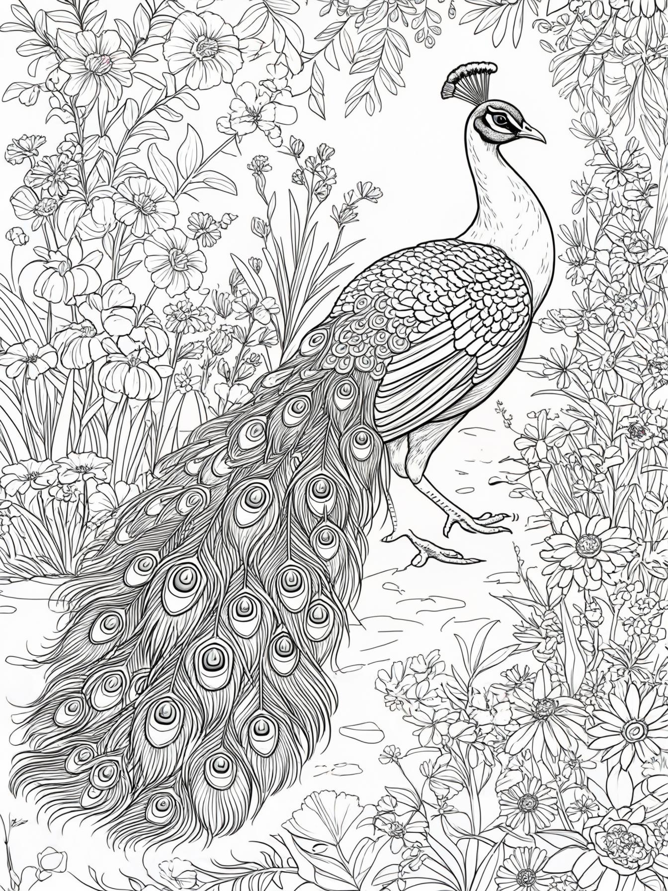 A peacock walking gracefully through a garden, with flowers and plants in the background.
