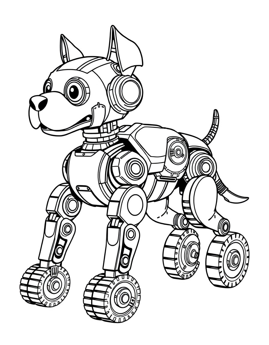 An adventurous robot dog with gears and wheels on its legs.